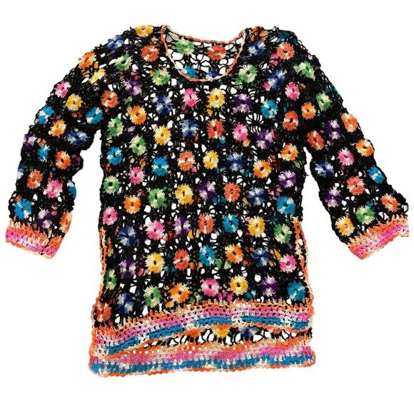 Black Crochet Multicolor Flower Tunic Swim Cover Top Small - Picture 2 of 8